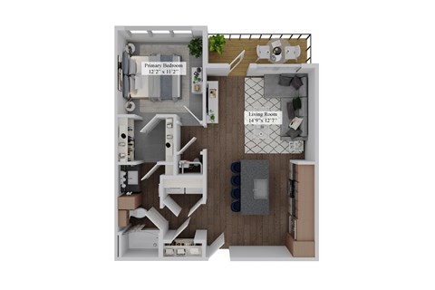 Floor plan for 1 bed, 1 bath, 668 sqft